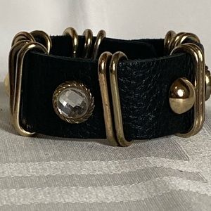 Giant Tang Black Leather Rhinestone Gold Bead Bracelet